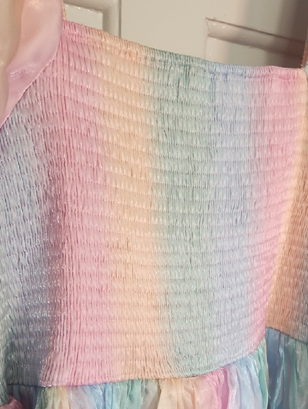 Never Worn Pastel Rainbow Midi Dress with Puff Sleeves - Picture 6 of 6